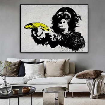 Juokinga Beždžionė Plakatai ir Spausdina Beždžionė Laikymo Bananų Ginklą Drobės Tapybos Bankai Sienos Menas Drobė Nuotrauką Šiuolaikinio Namų Dekoro Freskos