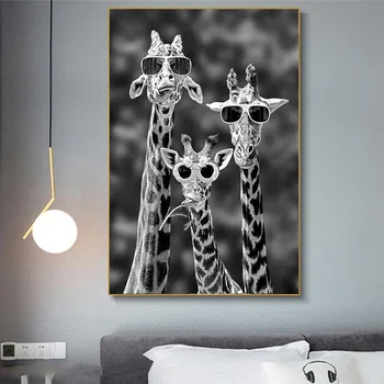 Juokinga Meno Žirafos su Akiniais Plakatai Ir grafika Juoda Ir Balta Gyvūnų Drobės Paveikslai Namų Sienų Dekoras