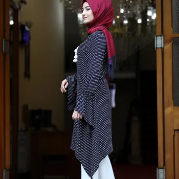 KALENMOS Musulmonų Kaftan Abaja Suknelė Moterims Vasaros Spausdinti Taškų Hijab Ilgas Palaidinė Viršūnes Blyksnius Rankovės Asimetrija Hem Islamo Vestidos