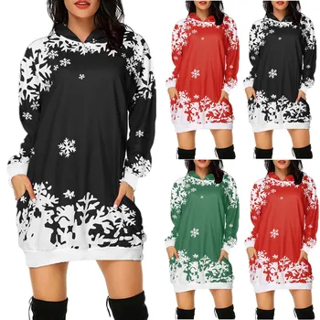 Kalėdų Long Hoodie Džemperis Palaidinės Moterų Snaigės Spausdinimo ilgomis Rankovėmis Maišelį Klubo Kišenėje Mados Suknelė Megztinis Femme