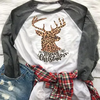 Kalėdų Viršuje Leopard Briedžių Spausdinti Marškinėliai Moterims ilgomis Rankovėmis Viršūnes Tee Marškinėliai Linksmų Kalėdų Tees 2019 Naujas Raglan Rankovėmis T-shirt