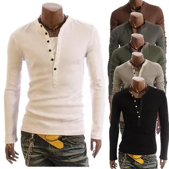 Karinio Stiliaus Armijos Marškinėliai Vyrams Slim Mygtuką V-Kaklo Henley Marškinėliai Pavasarį Ir Rudenį M-2XL Laisvalaikio ilgomis Rankovėmis Pėsčiųjų Marškinėliai Homme