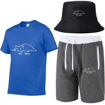Kawaii Katė Vyrai Ne Šiandien Juokingi Grafikos vasaros unisex medvilnės marškinėliai + trumpas vyrai + žvejybos hat nustatyti, T-marškinėliai, vyriški 3 dalių rinkinys