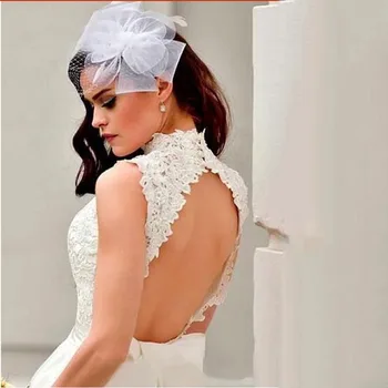 Kelio Ilgis Vestuvių Suknelė 2021 Linija, Baltos Aukštos Kaklo Appliqued Nėrinių Nuotakos Suknelės Boho Backless Trumpų Vestuvinių Suknelių trouwjurken