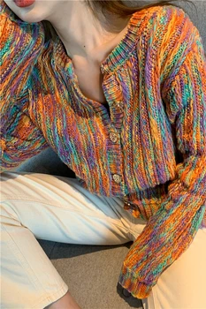 KHALEE YOSE Vaivorykštė susagstomi megztiniai Megztinis Atsitiktinis Chic Spalvinga Moterų susagstomi megztiniai ilgomis Rankovėmis Boho Derliaus Megztiniai Pavasario 2020 m.