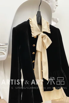 Kilimo ir tūpimo tako Dizainerių Juodo Aksomo Švarkas Moterims 2020 korėjos Mados Elegantiškas Ruffles Švarkas Femenino Rudens žiemos chaquetas de mujer