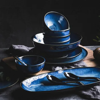 KINGLANG Japonijos Mėlyna krosnies glazūruotos keramikos stalo rinkinys ryžių dubenėlį skardos šaukštu Udon Ramen sriuba bowl patiekalas