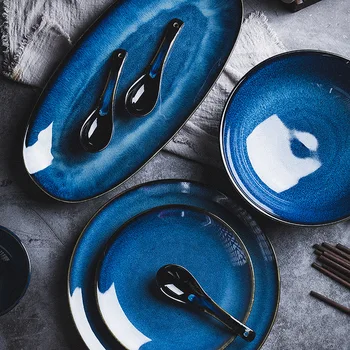 KINGLANG Japonijos Mėlyna krosnies glazūruotos keramikos stalo rinkinys ryžių dubenėlį skardos šaukštu Udon Ramen sriuba bowl patiekalas