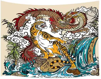 Kinų Drakonas ir Tigras Peizažas su Kriokliu Sienos Gobelenas