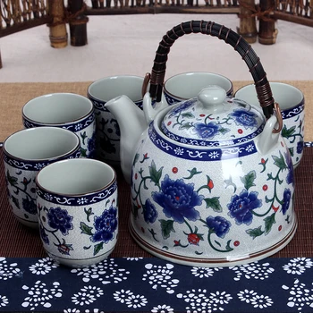 Kinų Stiliaus Jingdezhen Keramikos Arbatinukas Arbatos Puodelio Didelis Mėlynas Gėlių Porceliano Puodą Filtruojamas Arbatos Butelis Set Home Arbatos Medinis Padėklas