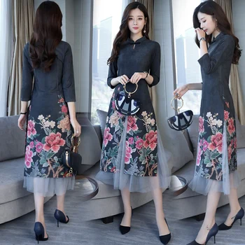 Kinų stiliaus spausdinimo dviejų dalių suknelė 2018 naujų rudens elnių odos aksomą nacionalinės vėjo nėrinių suknelė banga