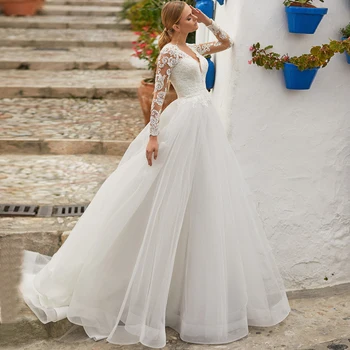 Klasikinė ilgomis Rankovėmis Vestuvių Suknelės V-kaklo Appliqued Tiulio-line Nuotakos Suknelė Valymo Traukinio Nėrinių Nuotakos Suknelė 2020 m.