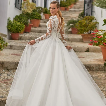 Klasikinė ilgomis Rankovėmis Vestuvių Suknelės V-kaklo Appliqued Tiulio-line Nuotakos Suknelė Valymo Traukinio Nėrinių Nuotakos Suknelė 2020 m.