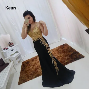 Kontrastas spalva Juoda Undinė vakarinę Suknelę Aukso Nėrinių ypatinga Proga Šalies Islamo Dubajus Kaftan Saudo arabų Vakarą Prom Dress