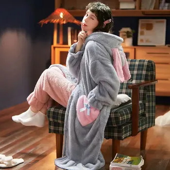 Koralų Aksomo Moteris Sleepwear Vidutinio Stiliaus Žiemos Pižamos Animacinių Filmų Pliušinis Sutirštės Flanelė Gobtuvu Namų Kostiumas Plius Dydis