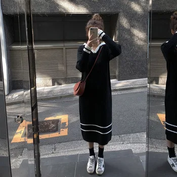 Korėjos Gobtuvu Megztinis Moteris Suknelė Dryžuota Kratinys Tiesios Suknelės Slim Prarasti Laikino Darbo Partijos Moterų Drabužių Rudens-Žiemos