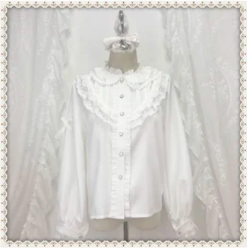 Korėjos Harajuku Stilius lolita saldus mergaičių Stovėti apykaklės sluoksniuotos rankovėmis pynimas baltas marškiniai Minkšta mergina kawaii mielas temperamentas marškinėliai