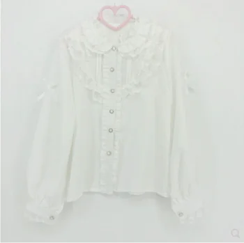 Korėjos Harajuku Stilius lolita saldus mergaičių Stovėti apykaklės sluoksniuotos rankovėmis pynimas baltas marškiniai Minkšta mergina kawaii mielas temperamentas marškinėliai