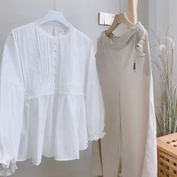 Korėjos lady moteriškas nėrinių krašto plisuotos prarasti doll marškinėliai kawaii balti marškiniai ilgomis rankovėmis