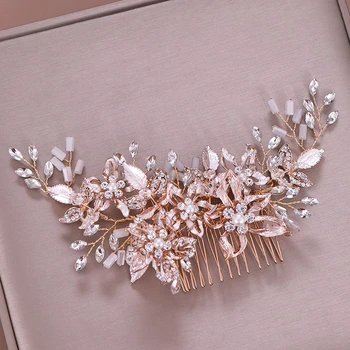 Korėjos Mados Vestuvių Rose Gold Plaukų Šukos už Nuotaka Crystal Cirkonio Perlai Moterų plaukų segtukai Nuotakos Vinjetė Plaukų Aksesuarai