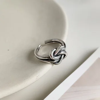 Korėjos ornamentu 925 sterlingas sidabro žiedas retro sunkiosios pramonės dvigubo sluoksnio linijos tinklelio atviros moteris, žiedas, papuošalų mados