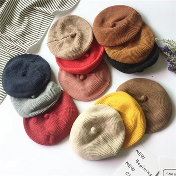 Korėjos Stiliaus Rudens Žiemos Gryna Spalva Vaikų Megzti Beretė Skrybėlę, Kūdikių Berniukų, Mergaičių Kepurės Šiltas Vilnos Skrybėlę