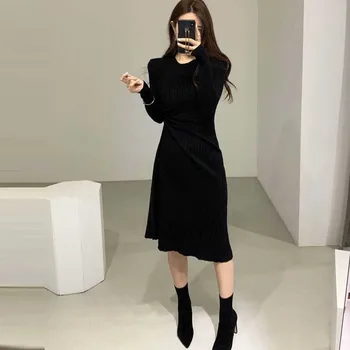 Korėjos Suknelės Vientisas Prancūzijos Slim Lady Raišteliu Megzti Megztinis Suknelė Rudens Žiemos 2020 Moterys Ilgomis Rankovėmis Suknelė Midi Suknelė
