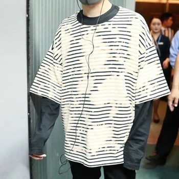 Kpop Negabaritinių Modelis Dryžuotas marškinėliai 2020 metų Vasaros trumpomis Rankovėmis Apvalios Apykaklės Tee