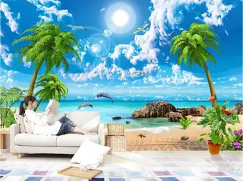 Kraštovaizdžio tapetai Kokoso medžio paplūdimio peizažas su vaizdu į jūrą fono sienos miegamojo kambarį tinkinti foto tapetai 3d
