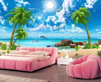 Kraštovaizdžio tapetai Kokoso medžio paplūdimio peizažas su vaizdu į jūrą fono sienos miegamojo kambarį tinkinti foto tapetai 3d