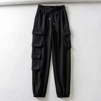 Krovinių kelnės moterims juoda aukšto liemens kelnės korėjos sweatpants kišeniniai kelnės streetwear pločio kojų laisvas kelnes 2019