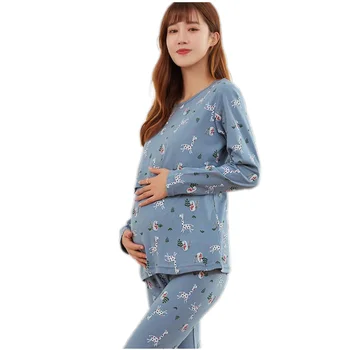 Krūtimi Motinystės Medvilnės Pižama Motinystės Slaugos Drabužius Nėštumą Moterims Ilgomis Rankovėmis Viršuje+Kelnės Sleepwear Rinkiniai D0065