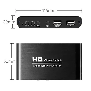 KVM Switch 4Kx2K@30Hz 2Port Ultra HD Switcher už Kompiuterio Monitoriaus, Klaviatūros, Pelės Ekranas
