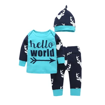 Kūdikis, berniukas mergaičių drabužiais 3 gabalus kostiumas, pasauli atspausdintas T-shirt + Elnias printTrousers+ Hat berniukas Vaikams, Vaikų drabužiai rinkiniai
