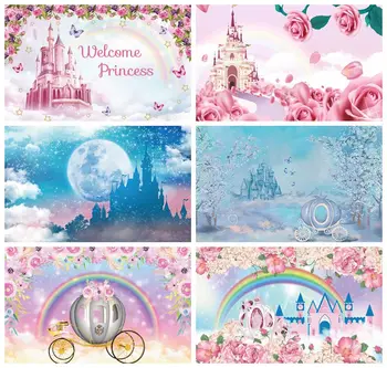 Laeacco Naujagimių Princesė Baby Shower Gimtadienio Fotografijos Fonas, Gėlės, Debesys, Vaivorykštė, Pilies Drugelis Žvaigždžių Backdrops