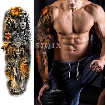 Laikinai full-arm tatuiruotės lipdukas kaukolė gėlių dragon eye liūtas gyvūnų kariai rankos Vandeniui netikrą tatuiruotę, 480*170mm Vyrams, Moterims