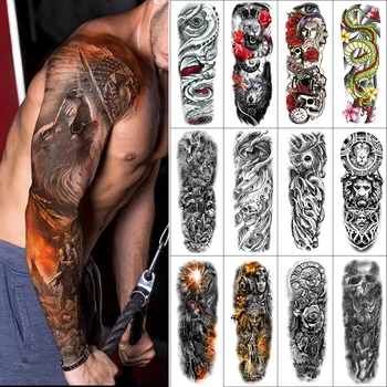 Laikinai full-arm tatuiruotės lipdukas kaukolė gėlių dragon eye liūtas gyvūnų kariai rankos Vandeniui netikrą tatuiruotę, 480*170mm Vyrams, Moterims