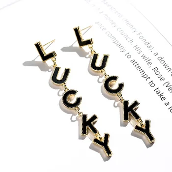 Laiškas lucky charms ilgi auskarai moterims S925 pin aukštis kokybės juoda tabaluoti lašas unikalų mados auskarai papuošalai, dovanos
