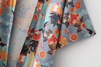 Lanbaiyijia 2018 m. Vasaros Naujas Mados Marškinėliai Krano spausdinti Pusė Rankovių Stovėti Apykaklės kimono marškinėliai Moterims palaidinė palaidi ilgi marškinėliai S, M, L