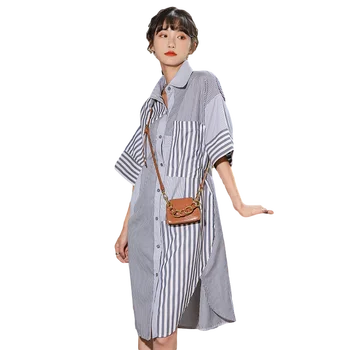 LANMREM 2021 asmeninį asimetrinė dryžuotas marškinėliai stiliaus suknelės moterims naujos prarasti lieknėjimo vidutinio ilgio elegantiškas biuras panele
