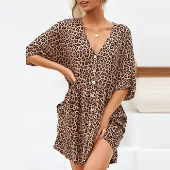 Leopard Suknelė 2019 Moterų Paplūdimio Mini Suknelė Prarasti Trumpas Rankovės Giliai V-kaklo-line Seksualus Šalis Suknelė