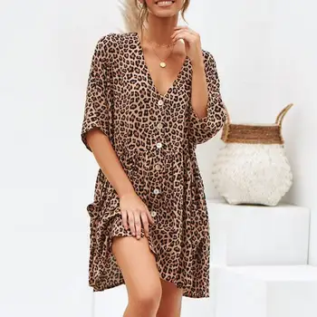 Leopard Suknelė 2019 Moterų Paplūdimio Mini Suknelė Prarasti Trumpas Rankovės Giliai V-kaklo-line Seksualus Šalis Suknelė