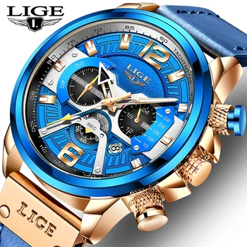 LIGE Atsitiktinis Sporto Laikrodžiai Vyrams Blue Top Brand Prabanga Karinės Odinis Riešo Žiūrėti Vyrų Laikrodis Mados Chronograph Laikrodis