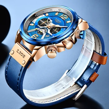 LIGE Atsitiktinis Sporto Laikrodžiai Vyrams Blue Top Brand Prabanga Karinės Odinis Riešo Žiūrėti Vyrų Laikrodis Mados Chronograph Laikrodis