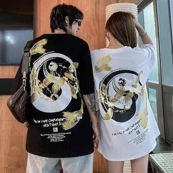 LINDSEY SEADER Vyrų Marškinėlius Cyprinoid Kinijos Kultūra Spausdinti Hip-Hop Negabaritinių Medvilnės Atsitiktinis Harajuku Streetwear Viršuje Tshirts