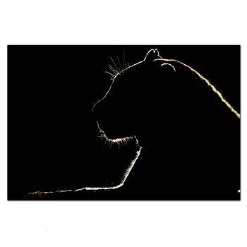 Liūtas siluetas juodas fonas pantera laukinių gyvūnų kūrinys kambarį namo sienos meno dekoro medžio rėmo audinio plakatas KP041