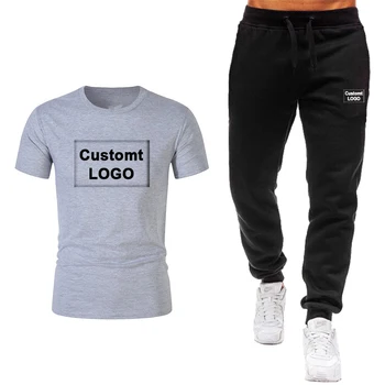 LOGOTIPAS custom naujas 2 dalių komplektas vyrų kostiumas vyrų vyrų sportinės aprangos kostiumas fitneso vasaros vientisos spalvos vyriškos kelnės + T-shirt vyrų kostiumas