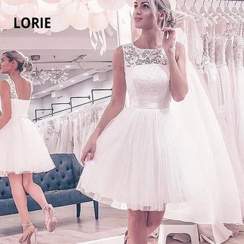 LORIE 2020 Nėrinių Trumpas Vestuvių Suknelės, Minkštas Tiulis Kelio Ilgis Paplūdimio Boho baltos Vestuvinės Suknelės Jungiamąją Šalies Šokių Suknelė su Diržu