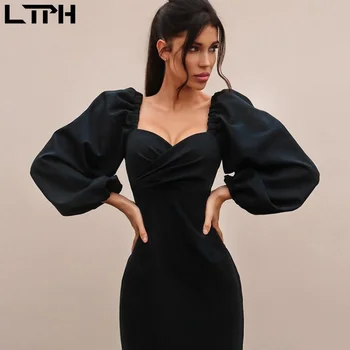 LTPH Karšto pardavimo 2020 m. rudens žiemos naujas moterų suknelė seksualus vamzdžio viršaus mažos apykaklės sluoksniuotos rankovėmis vientisos spalvos ilgą mados pieštuku suknelės