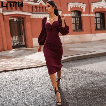 LTPH Karšto pardavimo 2020 m. rudens žiemos naujas moterų suknelė seksualus vamzdžio viršaus mažos apykaklės sluoksniuotos rankovėmis vientisos spalvos ilgą mados pieštuku suknelės